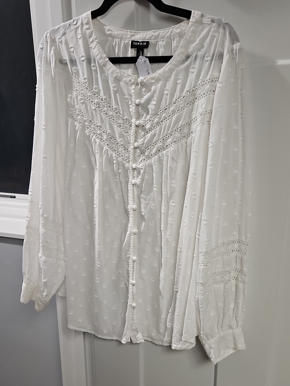 torrid White Swiss Dot Crochet-Trim Button Blouse